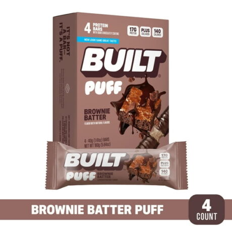 Built Bar Puff Protein Bar, Collagen, Gluten Free Brownie Batter, 1.41oz, 4 Count Box