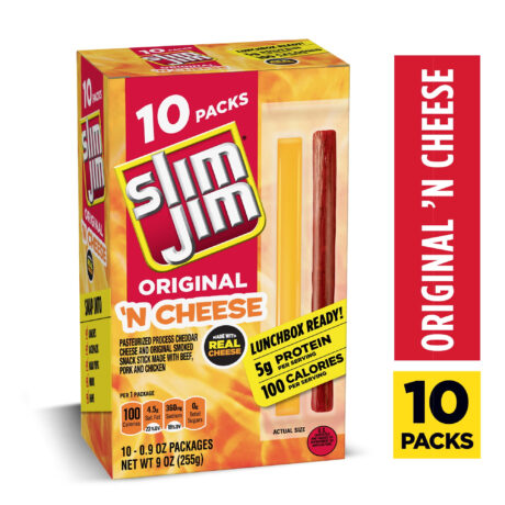 Slim Jim Beef 'N Cheese Smoked Meat Sticks, Original Flavor, 5g Protein Per Serving, Snack Size, 0.9 oz. (10 Count)