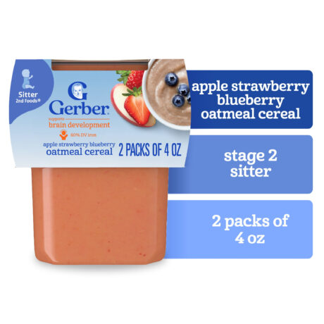 Gerber Stage 2 Baby Food, Apple Strawberry Blueberry Oatmeal Cereal Tub, Baby Cereal, 2PK 8 oz