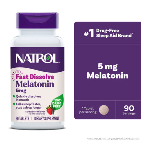 Natrol® Sleep Melatonin Fast Dissolve Tablets, Nighttime Sleep Aid, Strawberry Flavor, 5mg, 90 Count